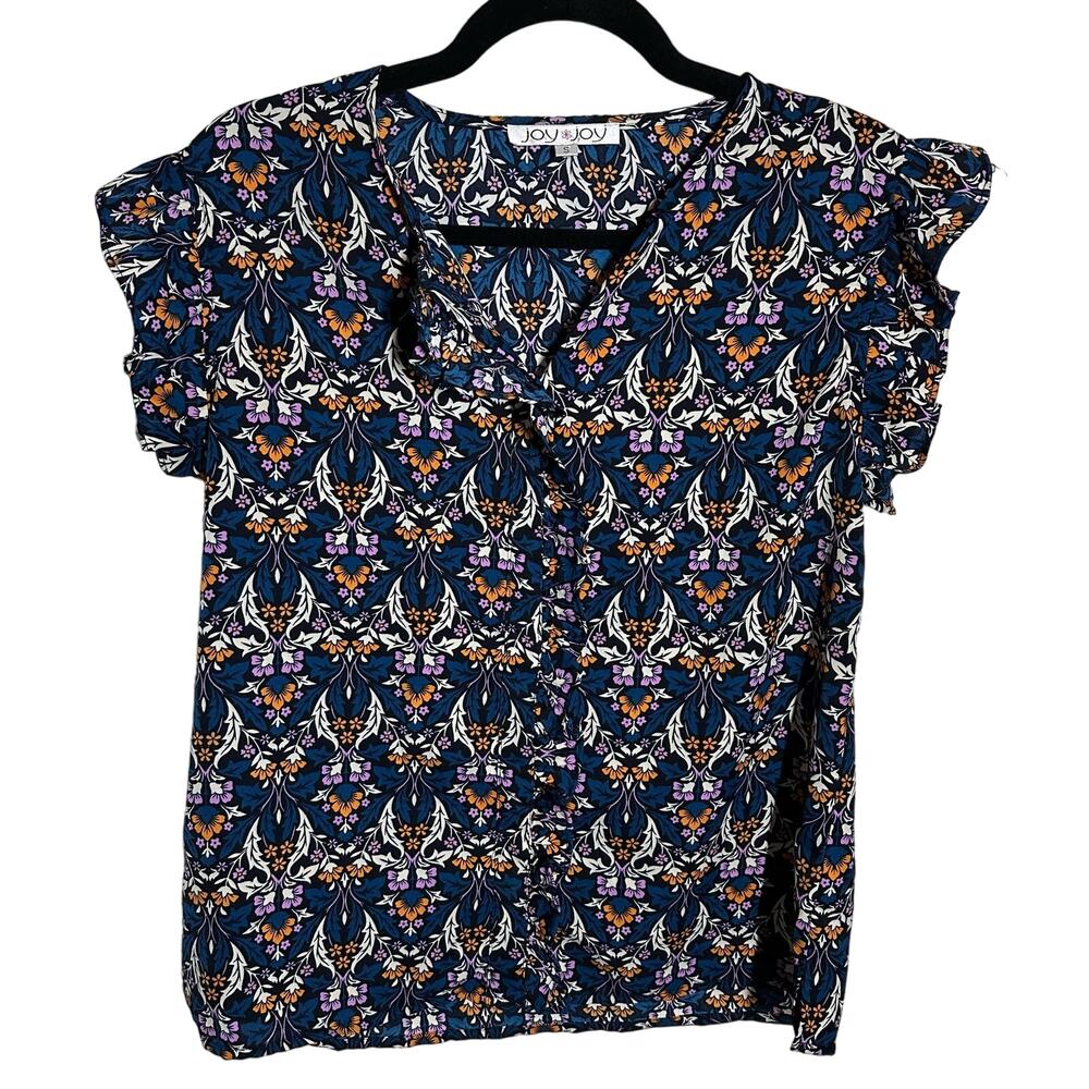 Joy Joy Women's‎ Blue Floral Button Up Ruffle Sleeve Blouse Size Small